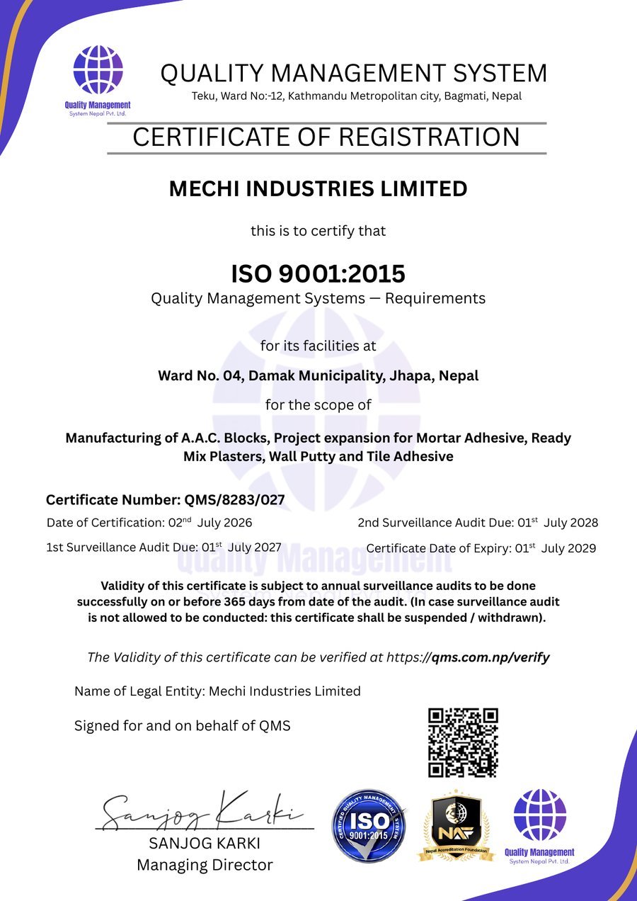 मेची इन्डस्ट्रिज लिमिटेड ISO 9001:2015 गुणस्तर व्यवस्थापन प्रणाली प्रमाणपत्र